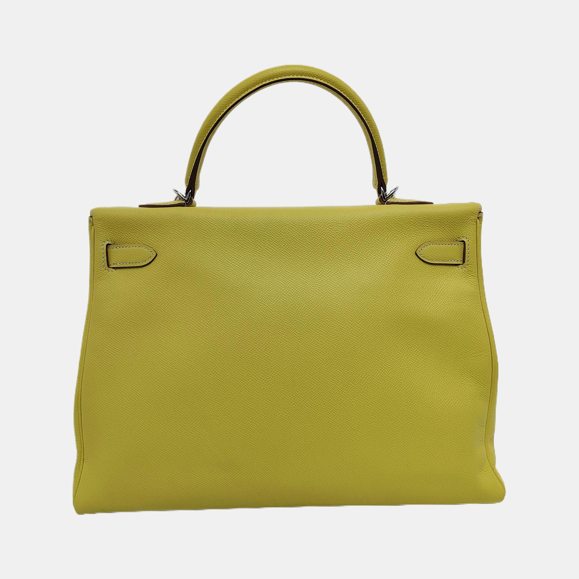 Women's Hermes Kelly 35 Retourne Epsom Leather Yellow R9 Jaune Bourgeon Palladium Hardwa