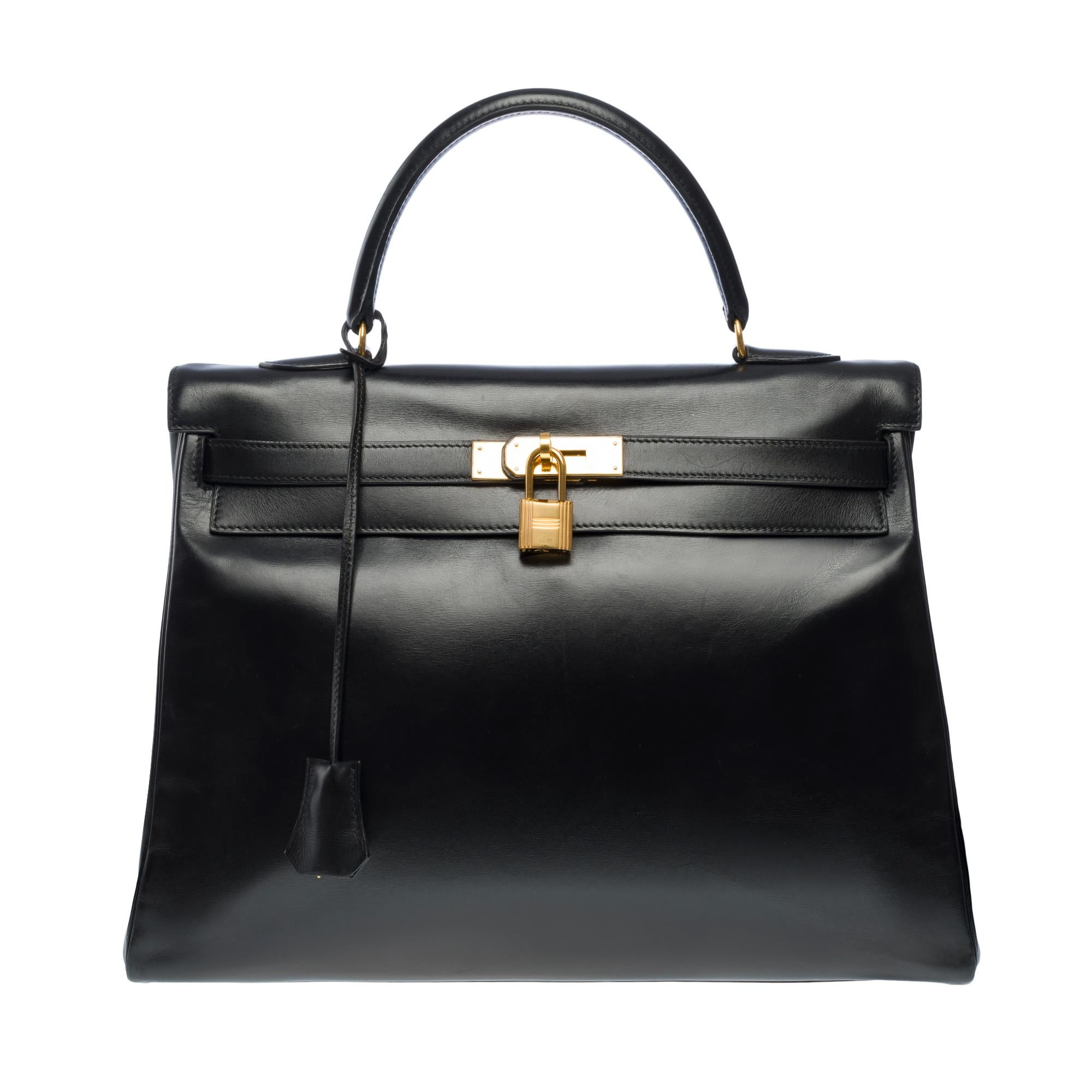 Women's or Men's Hermès Kelly 35 retourne handbag strap in black box calfskin leather, GHW