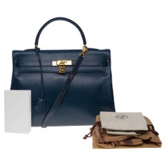 Hermès Kelly 35 retourne handbag strap in Blue indigo Vache Ardenne leather ,GHW