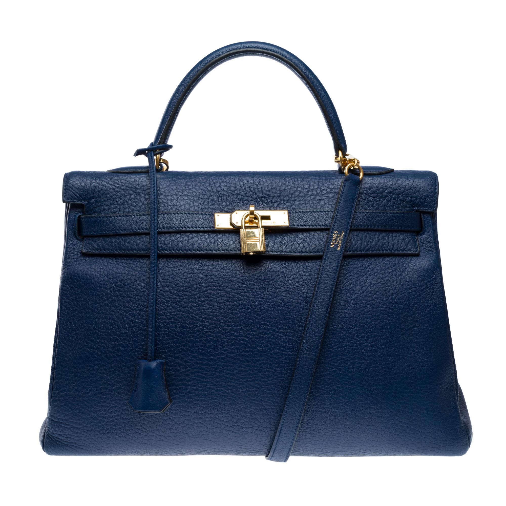 Orange Hermès Kelly 35 retourne handbag strap in Blue Saphir Taurillon leather , GHW