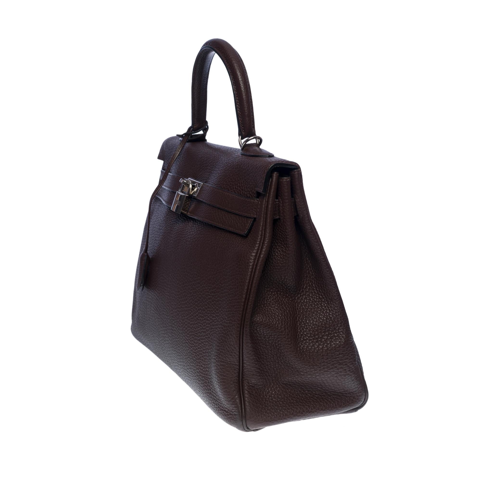 Black Hermès Kelly 35 retourne handbag strap in Brown Togo leather , Silver hardware