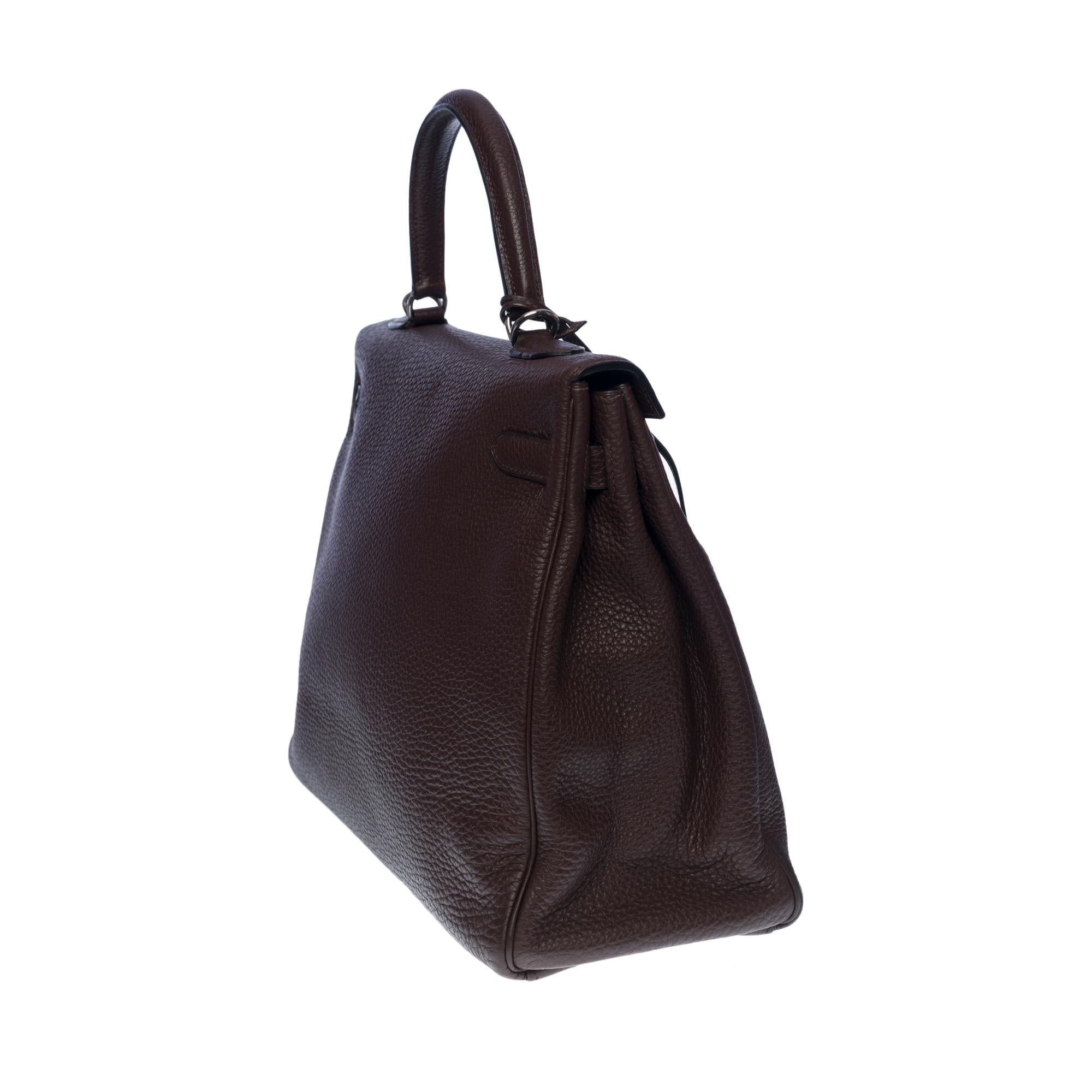 Hermès Kelly 35 retourne handbag strap in Brown Togo leather , Silver hardware In Excellent Condition In Paris, IDF