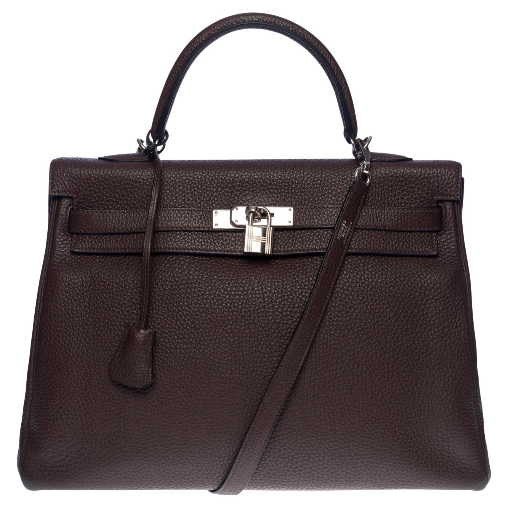 Hermès Kelly 35 retourne handbag strap in Brown Togo leather , Silver hardware