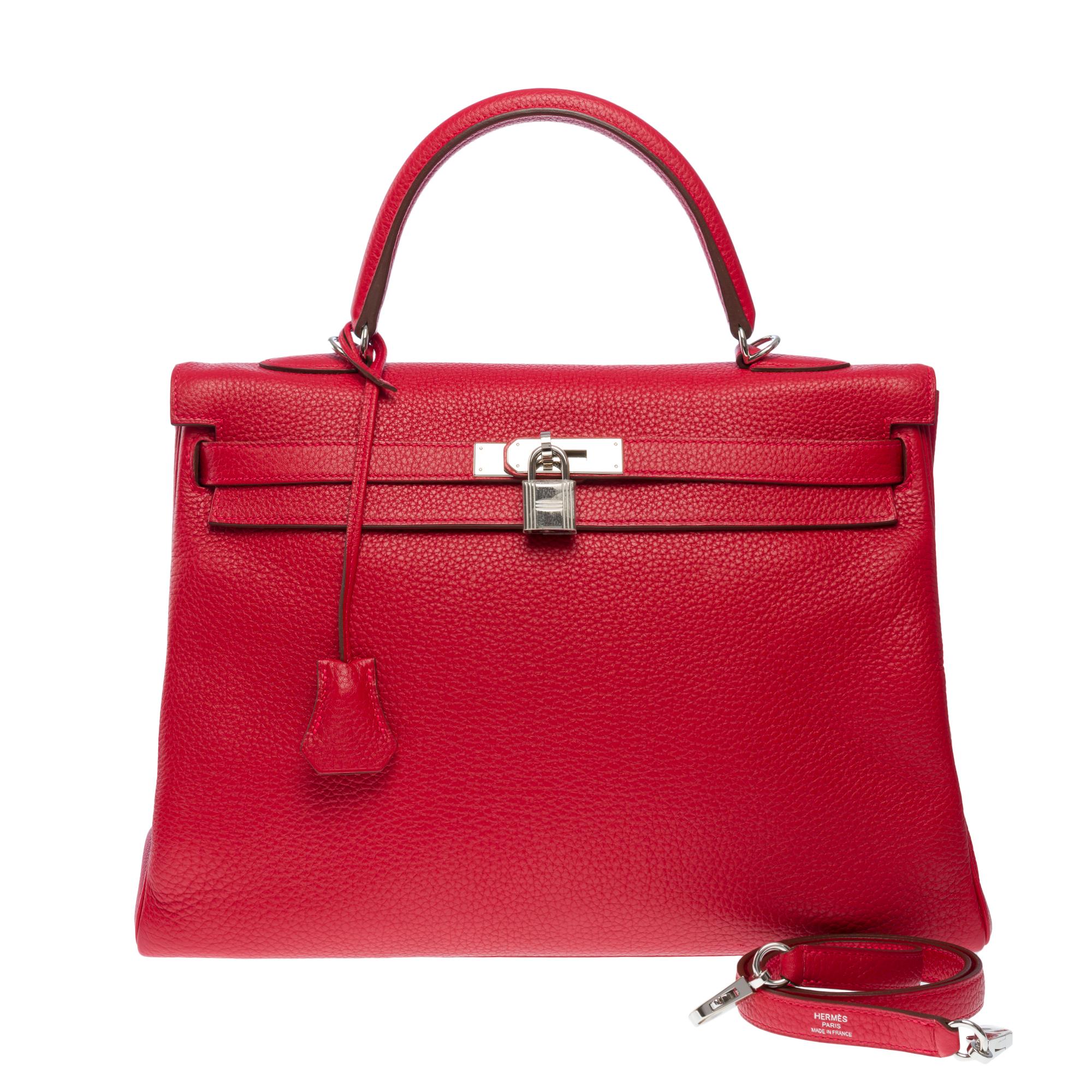 Women's or Men's Hermès Kelly 35 retourne handbag strap in Red Taurillon Clemence leather, SHW