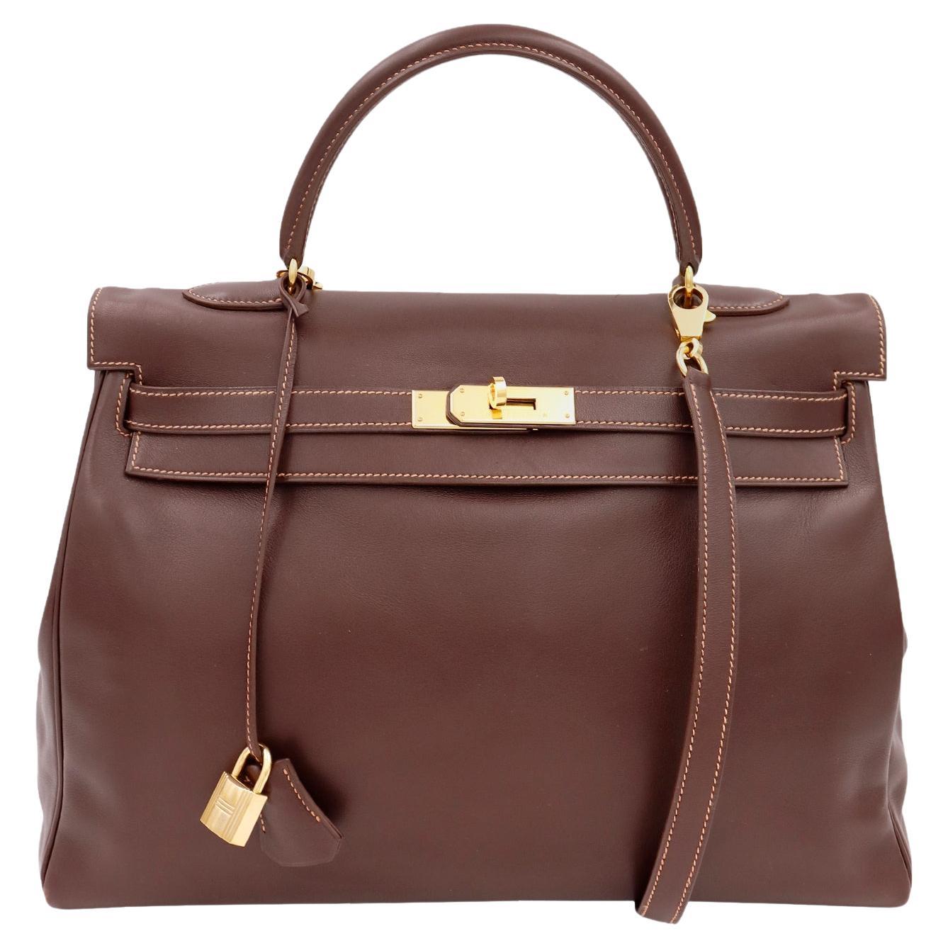 Hermès Kelly 35 Retourne Havane Gulliver Ledertasche mit Rose Poudre-Stickerei