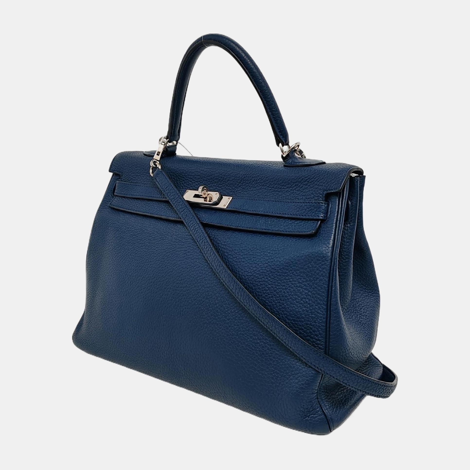 Black Hermes Kelly 35 Retourne Navy 7P Blue de Prusse Clemence Leather Palladium Hardw