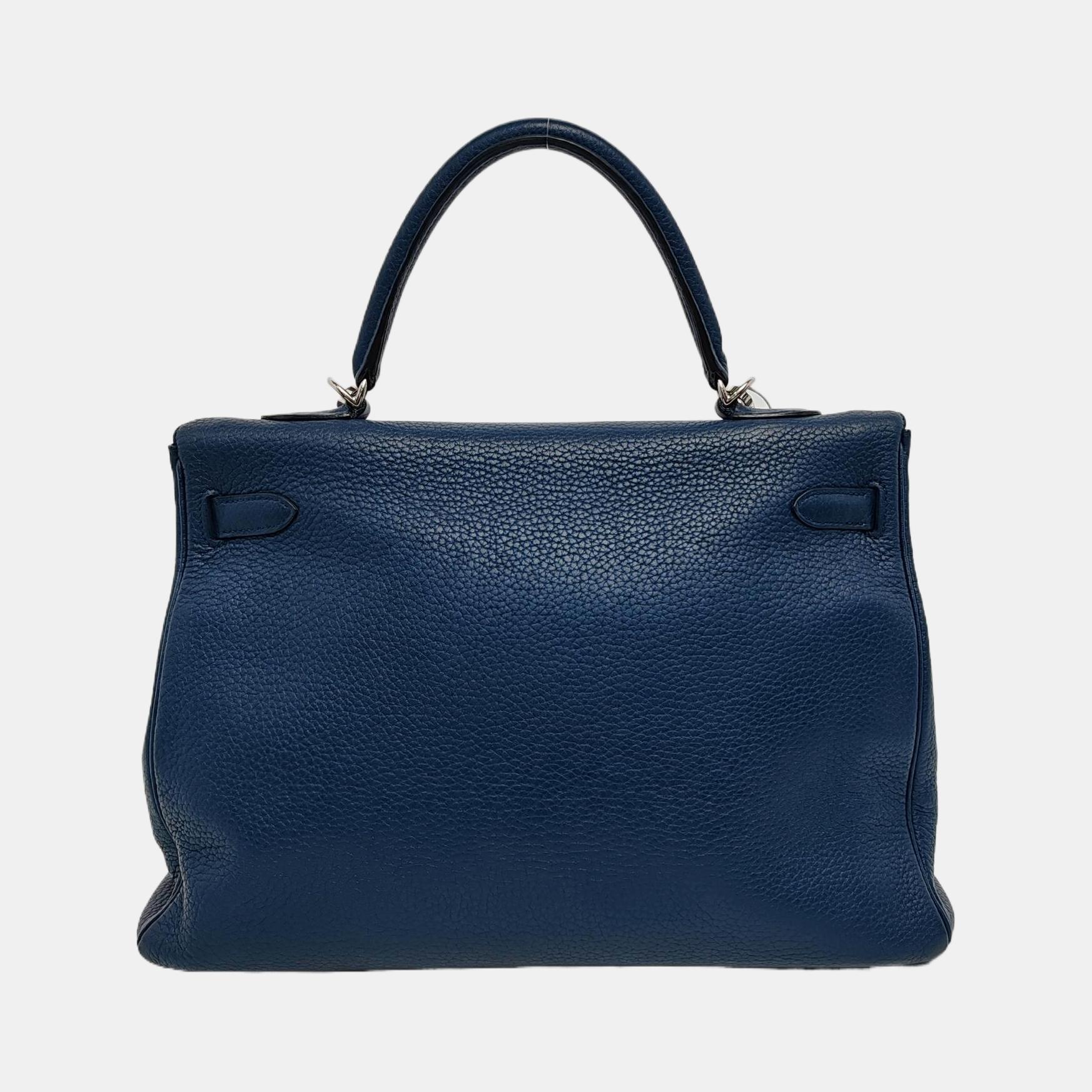 Hermes Kelly 35 Retourne Navy 7P Blue de Prusse Clemence Leather Palladium Hardw In Good Condition In AUBERVILLIERS, FR