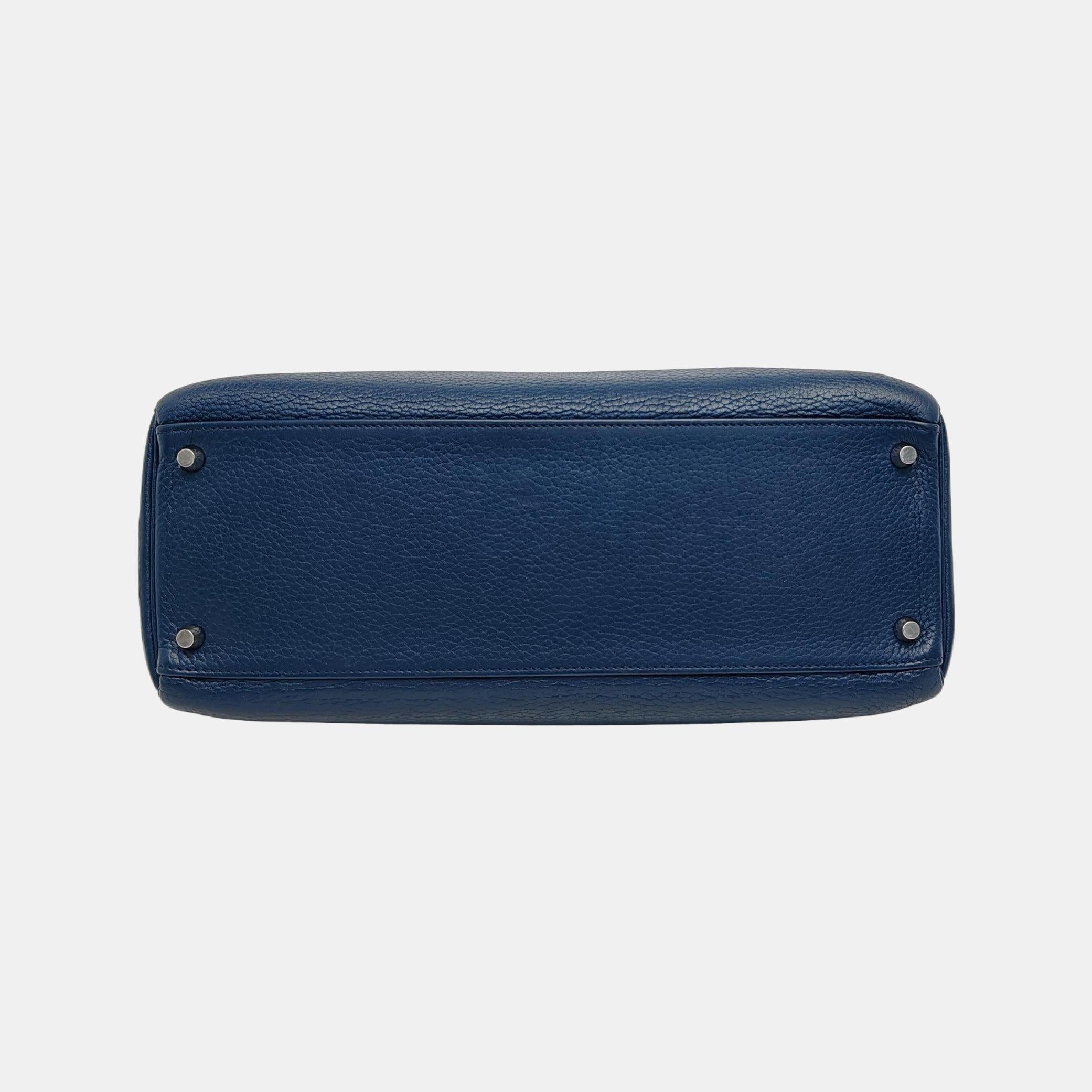 Women's Hermes Kelly 35 Retourne Navy 7P Blue de Prusse Clemence Leather Palladium Hardw