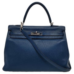 Hermes Kelly 35 Retourne Navy 7P Blue de Prusse Clemence Leather Palladium Hardw