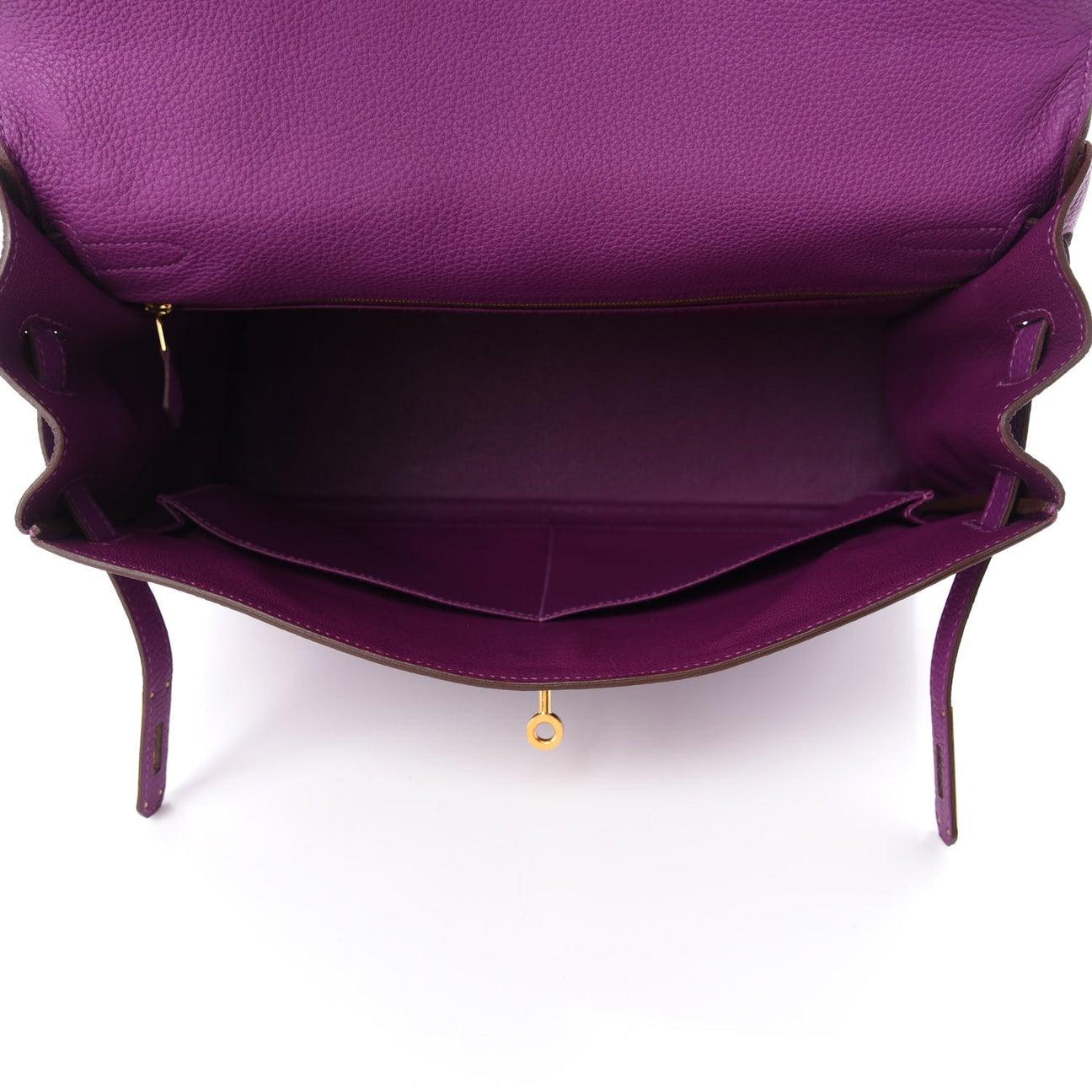 HERMES Kelly 35 Retourne Purple Gold Togo Leather Top Handle Shoulder Tote Bag In Good Condition In Chicago, IL