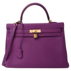 HERMES Kelly 35 Retourne Purple Gold Togo Leather Top Handle Shoulder Tote Bag