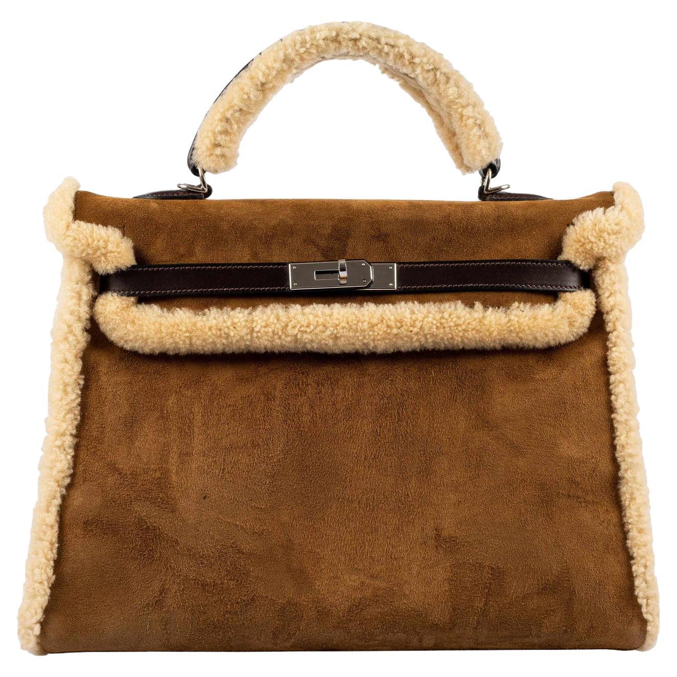 Hermès Kelly 35 Retourne Teddy Shearling & Ebene Barenia Palladium Hardware