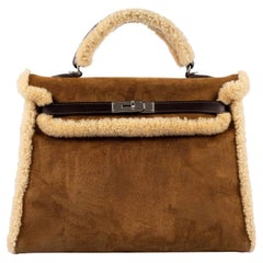 Hermès Kelly 35 Retourne Teddy Shearling & Ebene Barenia Palladium Hardware
