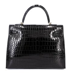 HERMES Kelly 35 Sellier Black Porosus Crocodile Gold Hardware Top Handle Bag