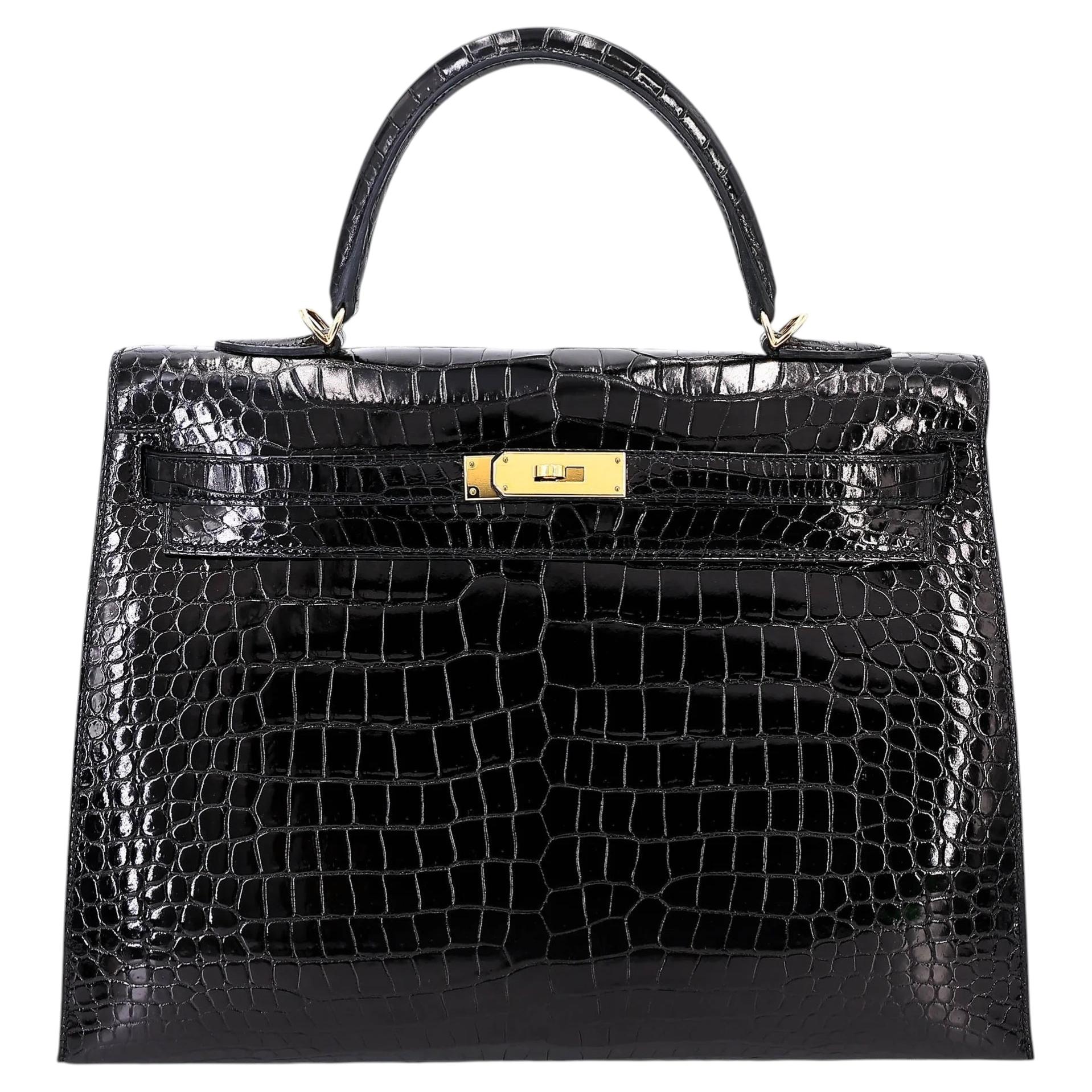 HERMES Kelly 35 Sellier Black Porosus Crocodile Gold Hardware Top Handle Bag