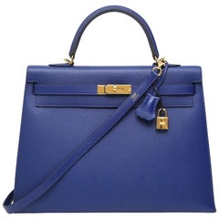 Hermès Kelly 35 Sellier blue leather shoulder handbag