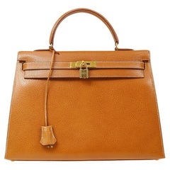 HERMES Kelly 35 Sellier Cognac Tan Brown Leather Gold Shoulder Top Handle Bag