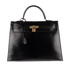 Hermès Kelly 35 sellier handbag in black calfskin leather, golden harware !