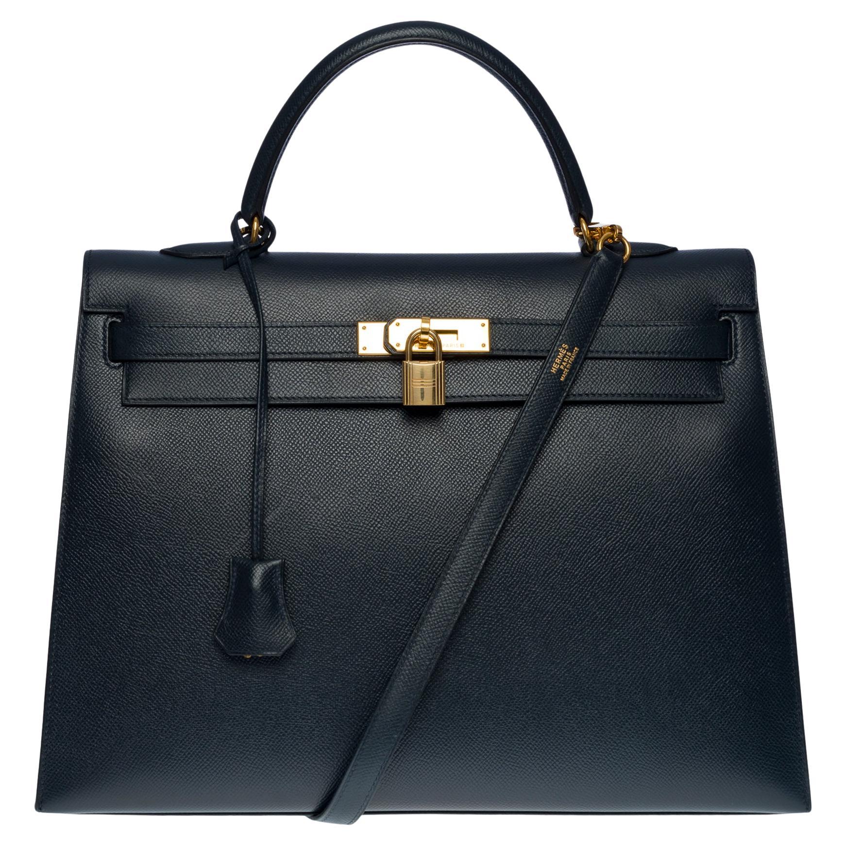 Hermès Kelly 35 sellier handbag strap in Courchevel bleu nuit leather, GHW