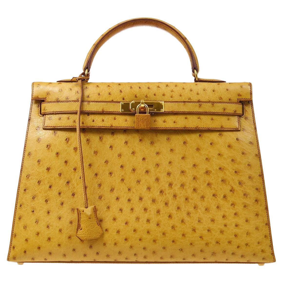 HERMES Kelly 35 Sellier Mustard Yellow Tan Ostrich Top Handle Shoulder Tote Bag