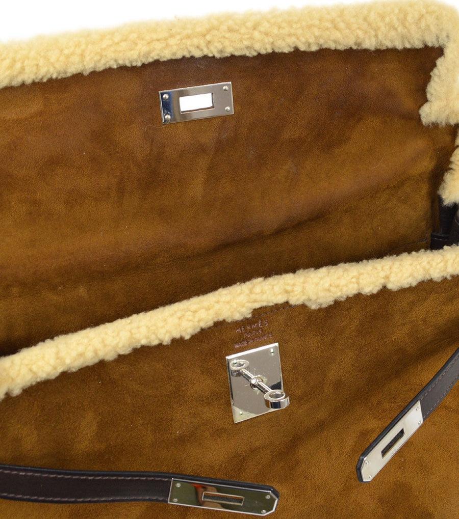 HERMES Kelly 35 Sellier Plush Shearling Suede Barenia Leather Brown Top Tote Bag In Good Condition In Chicago, IL