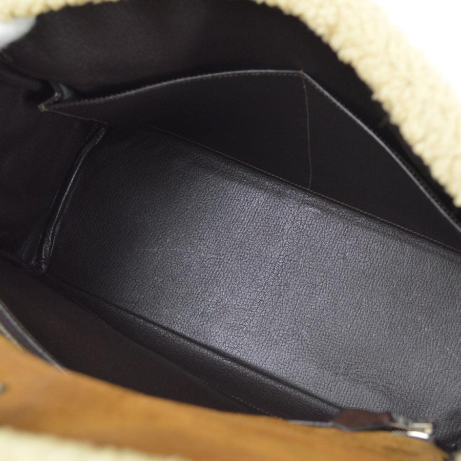 Women's HERMES Kelly 35 Sellier Plush Shearling Suede Barenia Leather Brown Top Tote Bag
