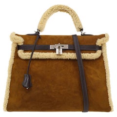 HERMES Kelly 35 Sellier Plush Shearling Suede Barenia Leather Brown Top Tote Bag