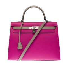 Hermès Kelly 35 sellier Special Order (HSS) en cuir Epsom rose et gris:: BSHW