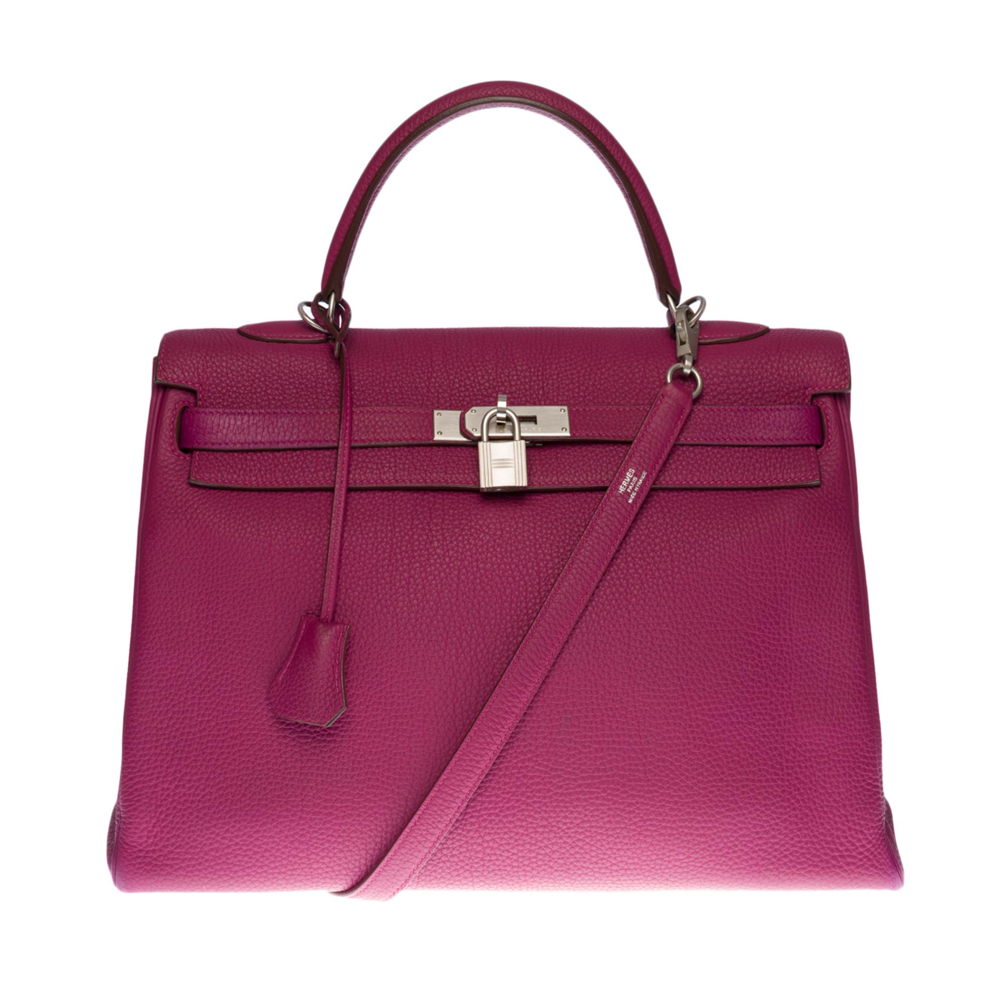 Exceptional Hermes Kelly bag 35 cm Special Order (Horse Shoe Special) two-tone shoulder strap in Rose Tosca & Grey, matte brushed silver metal hardware, removable shoulder strap in pink Togo leather, single handle in pink Togo allowing a hand or