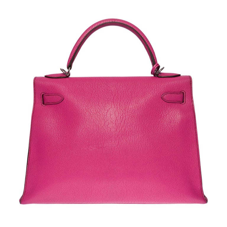 Hermès Kelly 32 handbag strap in Fuchsia Mysore Chèvre leather, silver ...