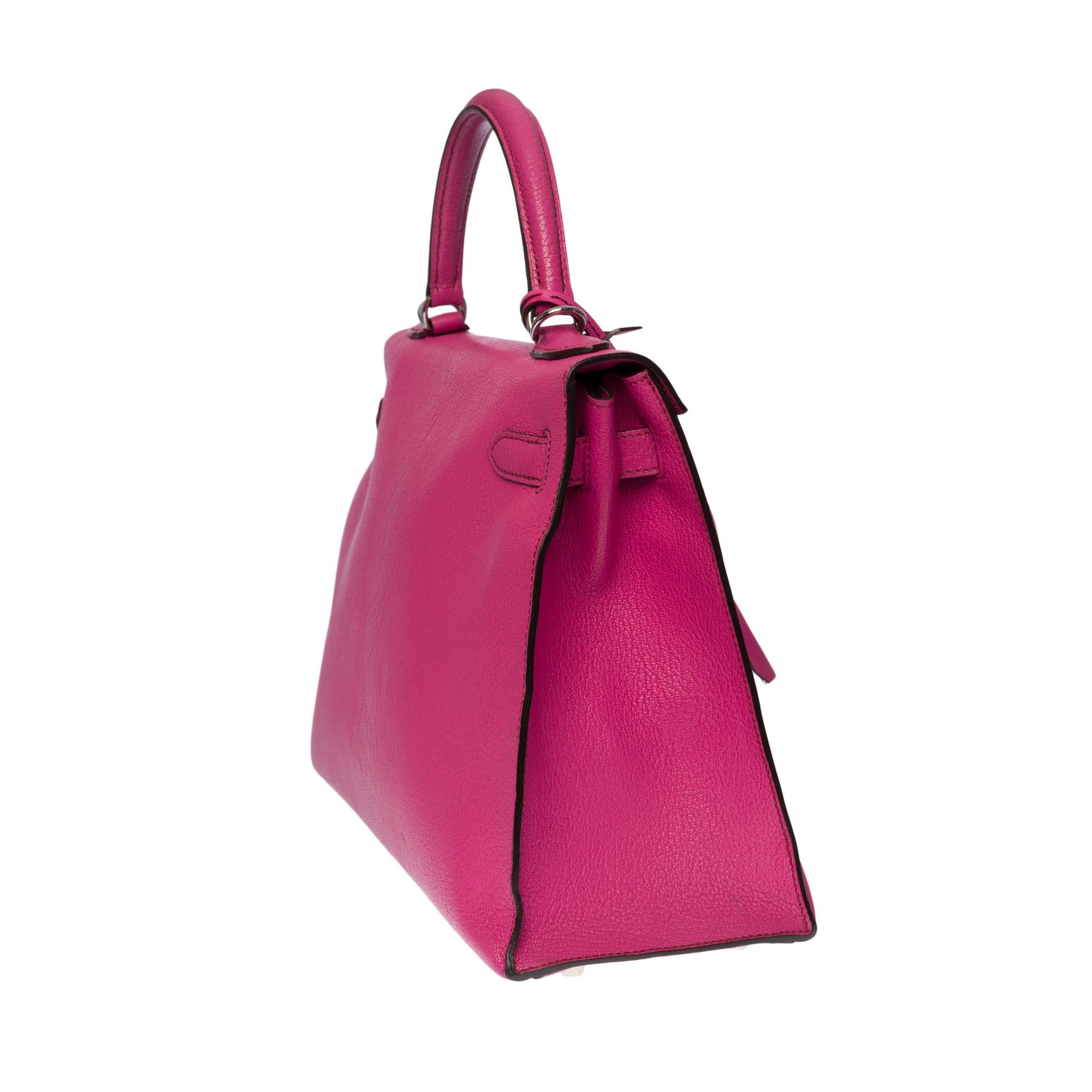 Pink Hermès Kelly 32 handbag strap in Fuchsia Mysore Chèvre leather, silver hardware