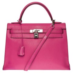 Hermès Kelly 32 handbag strap in Fuchsia Mysore Chèvre leather, silver hardware