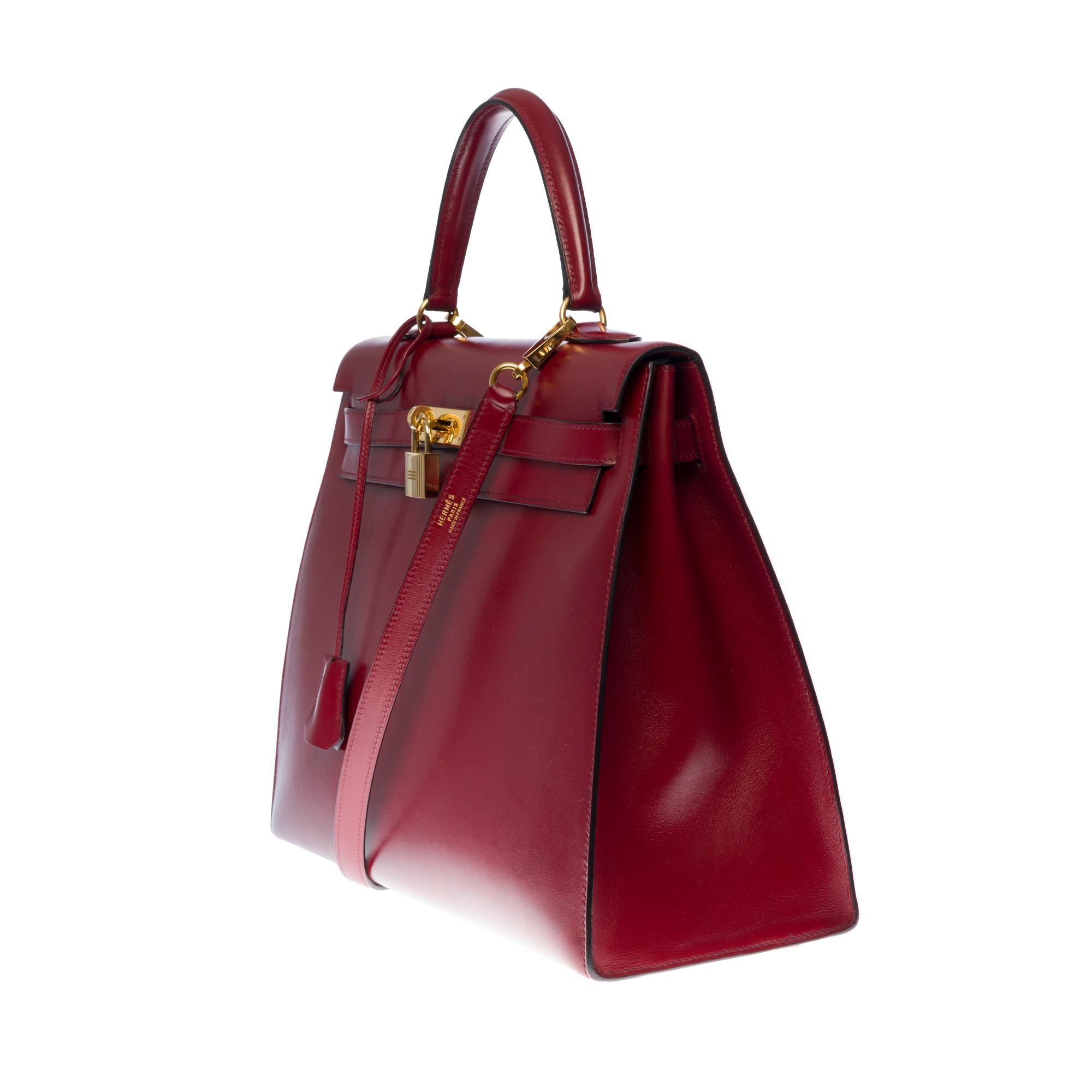Brown Hermès Kelly 35 sellier strap shoulder bag in burgundy calf leather, GHW