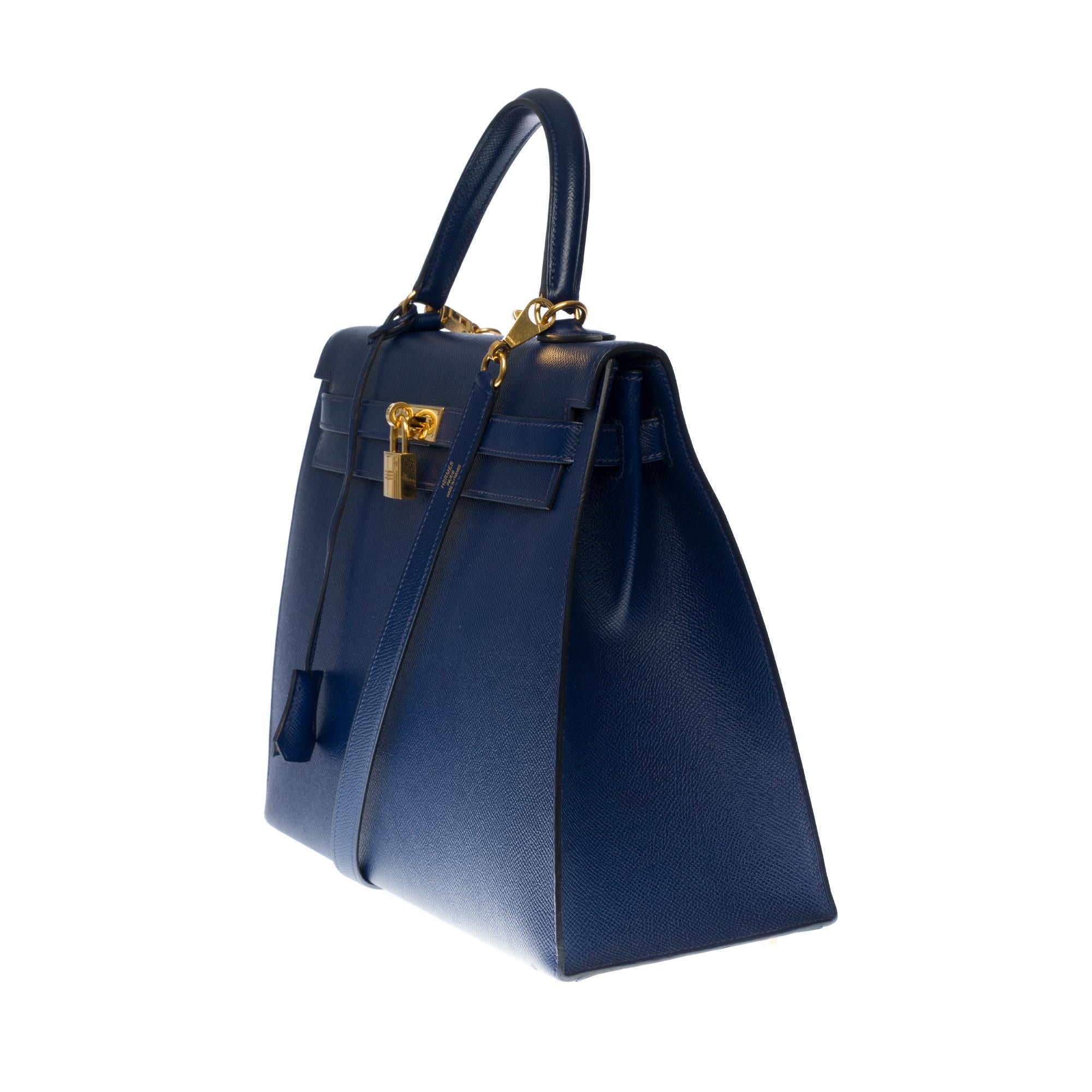 Blue Hermès Kelly 35 sellier strap shoulder bag in epsom blue saphir leather, GHW
