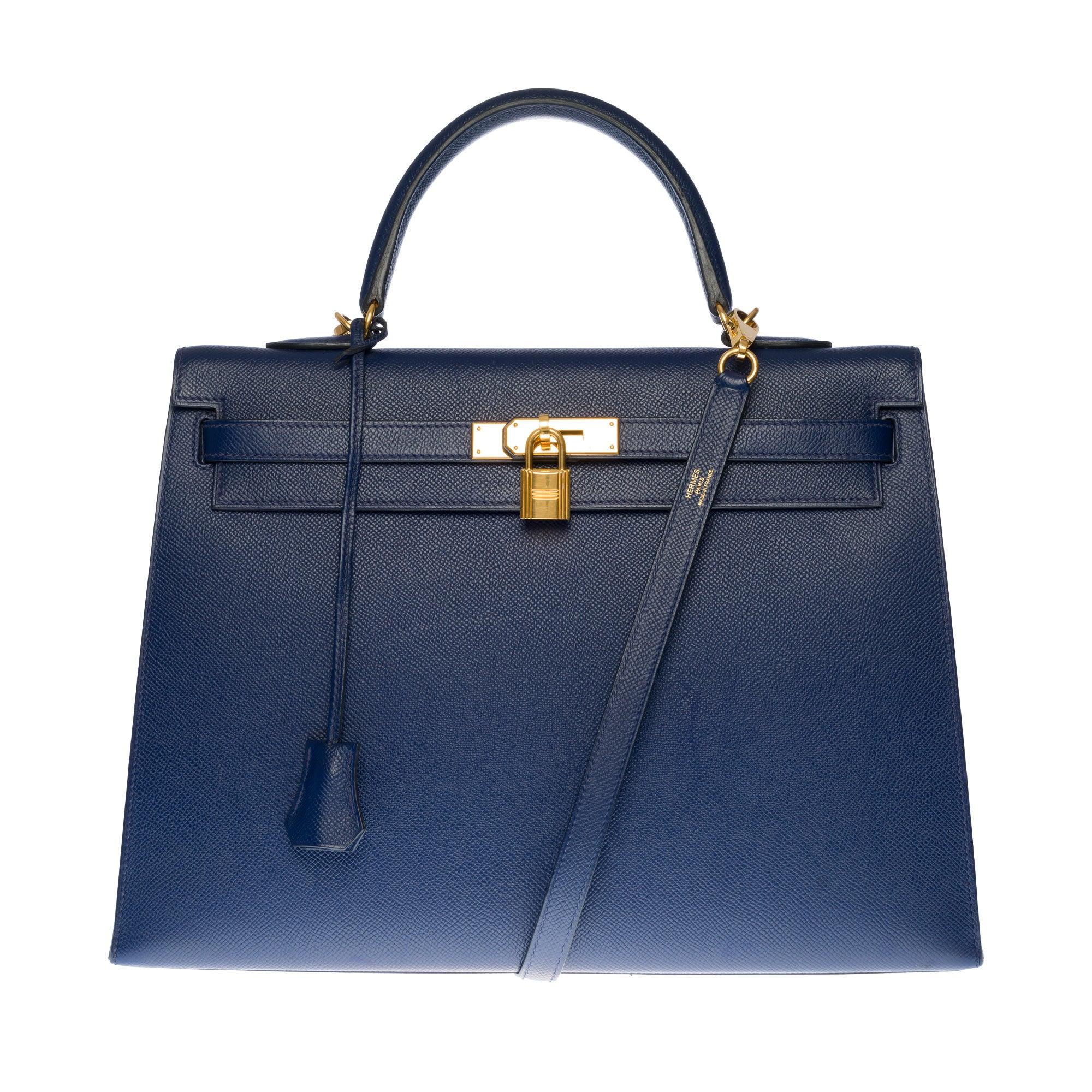Hermès Kelly 35 sellier strap shoulder bag in epsom blue saphir leather, GHW