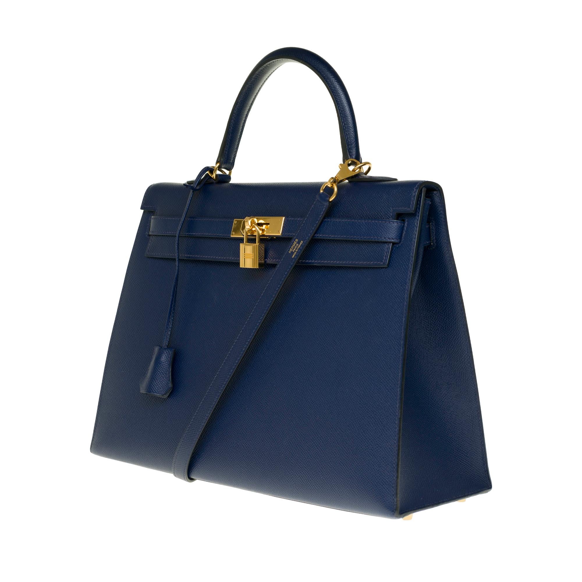 Blue Hermès Kelly 35 sellier strap shoulder bag in epsom blue saphir, PHW