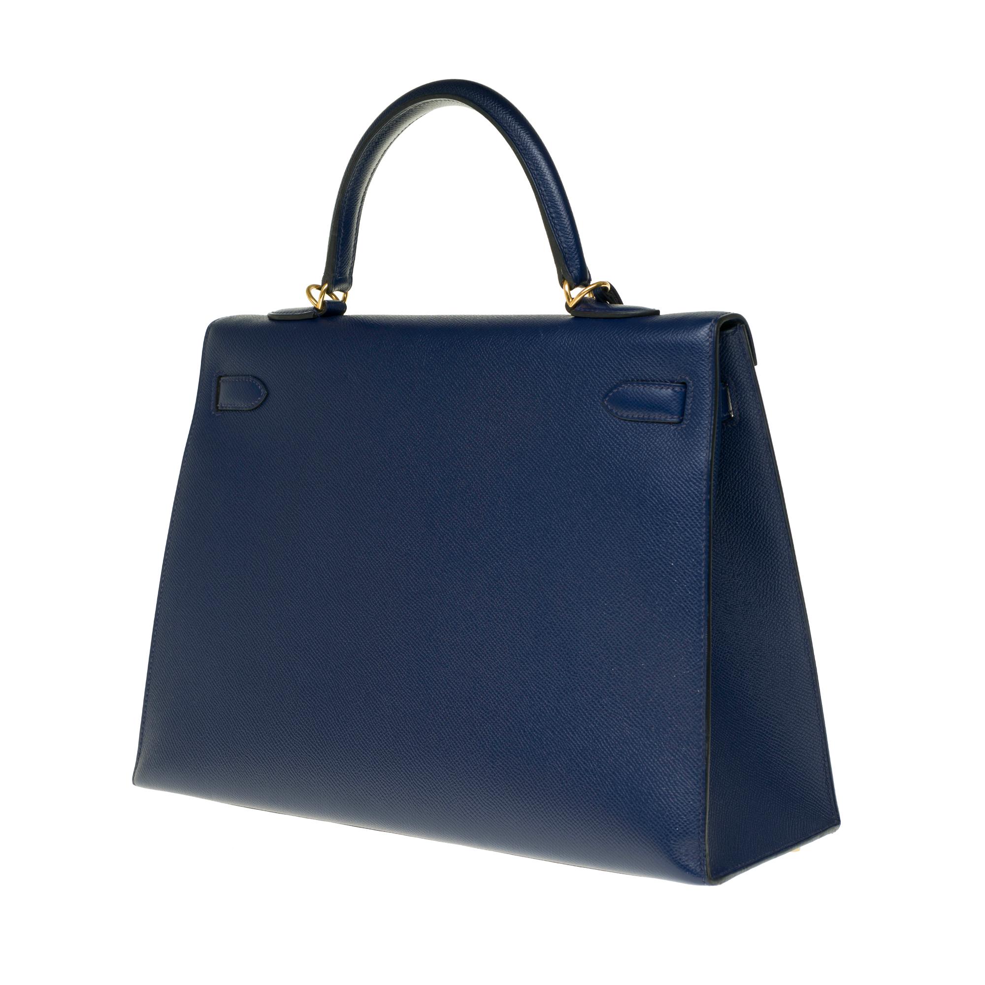 Hermès Kelly 35 sellier strap shoulder bag in epsom blue saphir, PHW In Good Condition In Paris, IDF