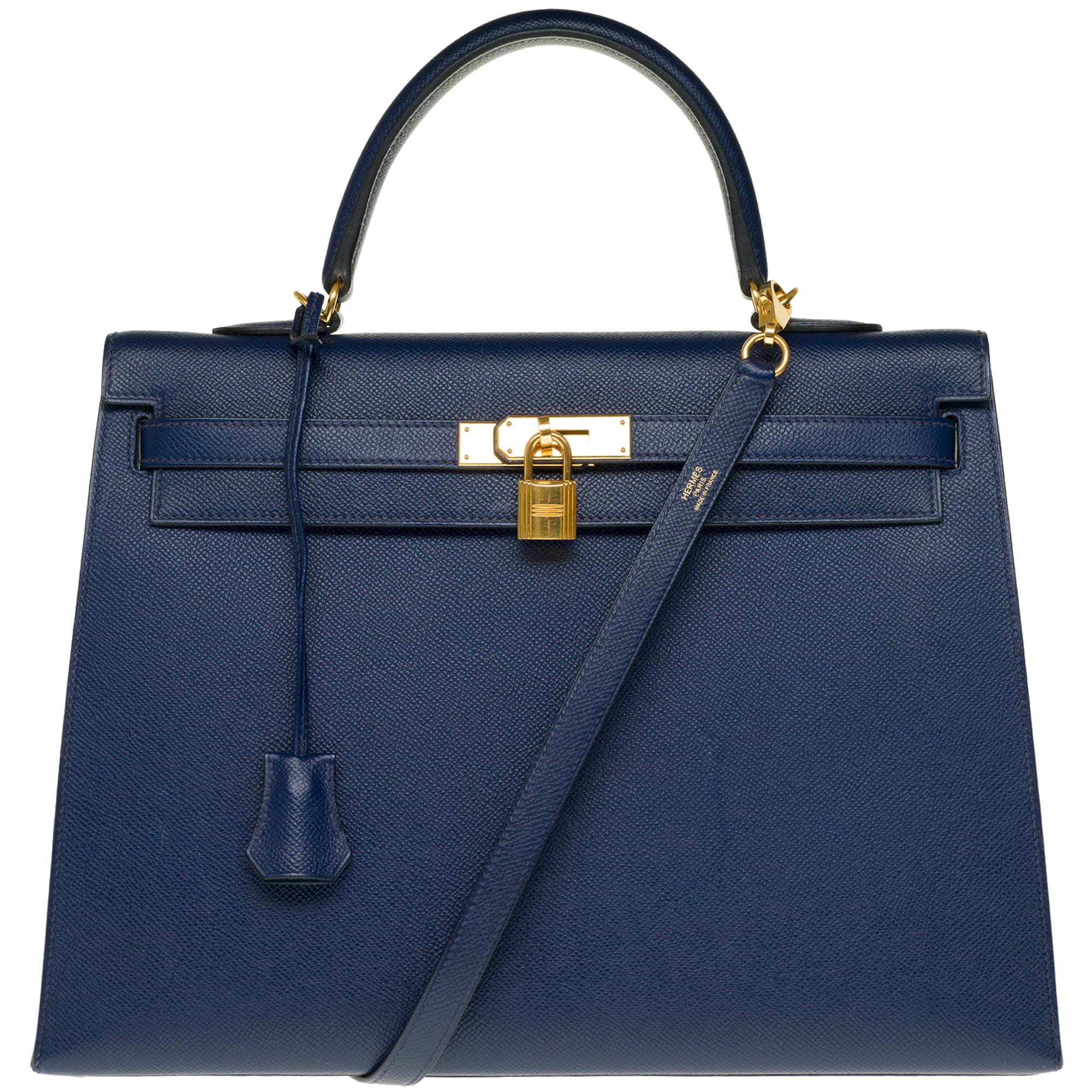 Hermès Kelly 35 sellier strap shoulder bag in epsom blue saphir, PHW
