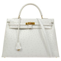 HERMES Kelly 35 Sellier White Ostrich Exotic Hardware Top Handle Tote Bag