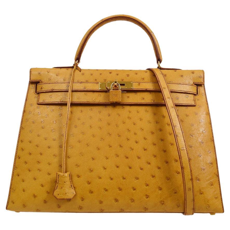HERMES Kelly 35 Sellier Yellow Ostrich Exotic Gold Top Handle Shoulder Bag