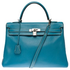Hermès Kelly 35 strap shoulder bag in blue jean Taurillon Clémence leather, PHW