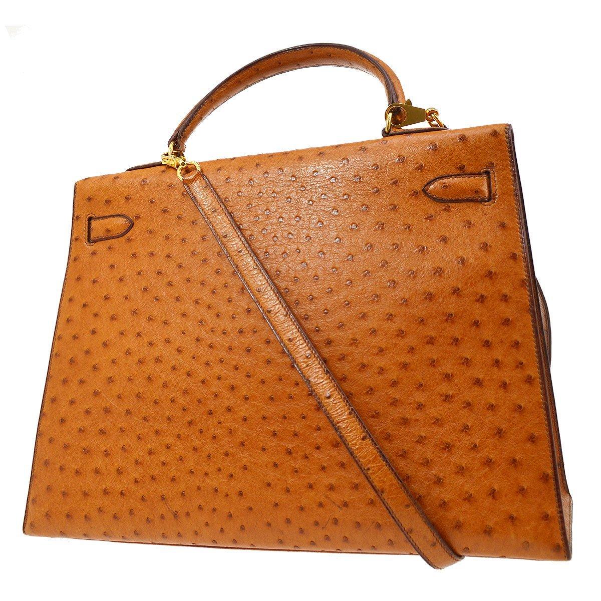 Hermes Kelly 35 Tan Brown Camel Ostrich Exotic Gold Top Handle Satchel Flap Bag In Good Condition In Chicago, IL