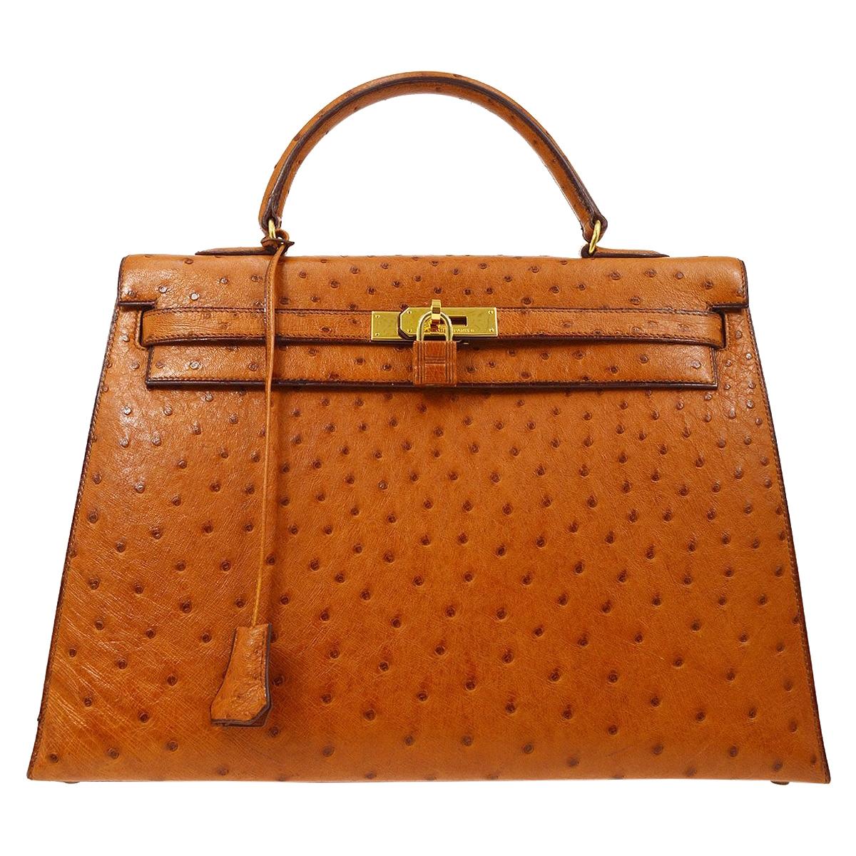 Hermes Kelly 35 Tan Brown Camel Ostrich Exotic Gold Top Handle Satchel Flap Bag