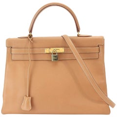 Hermes Kelly 35 Tan Leather Top Handle Satchel Shoulder Tote Bag