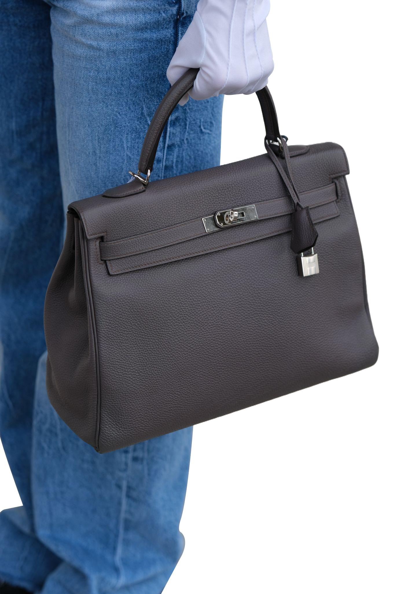 Hermes Kelly 35 Togo Leather Etain Retourne Palladium Hardware Bag For Sale 14