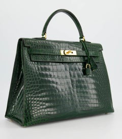 Hermes Kelly 35 Vert Fonce Shiny Porosus Crocodile GHW