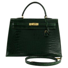 Hermes Kelly 35 Vert Fonce Shiny Porosus Crocodile GHW