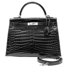 Hermès Kelly 35cm Bag Black Shiny Porosus Crocodile w PH