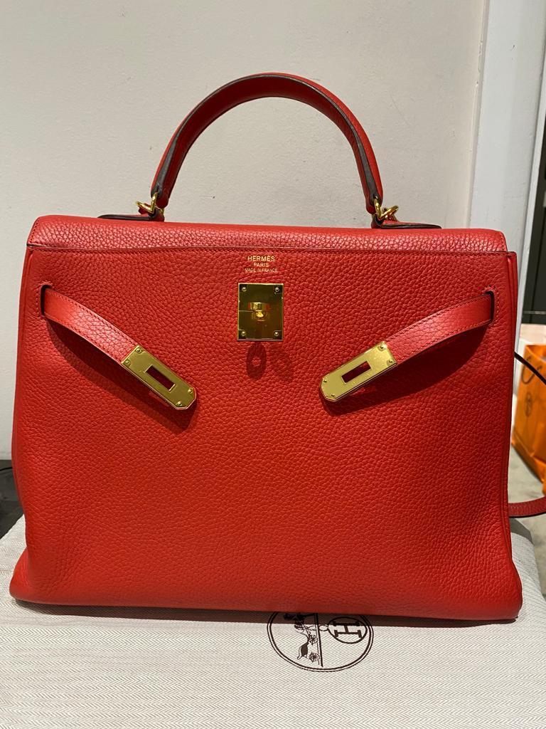 Hermès Kelly 35cm Clemence Rouge Tomate GHW For Sale at 1stDibs