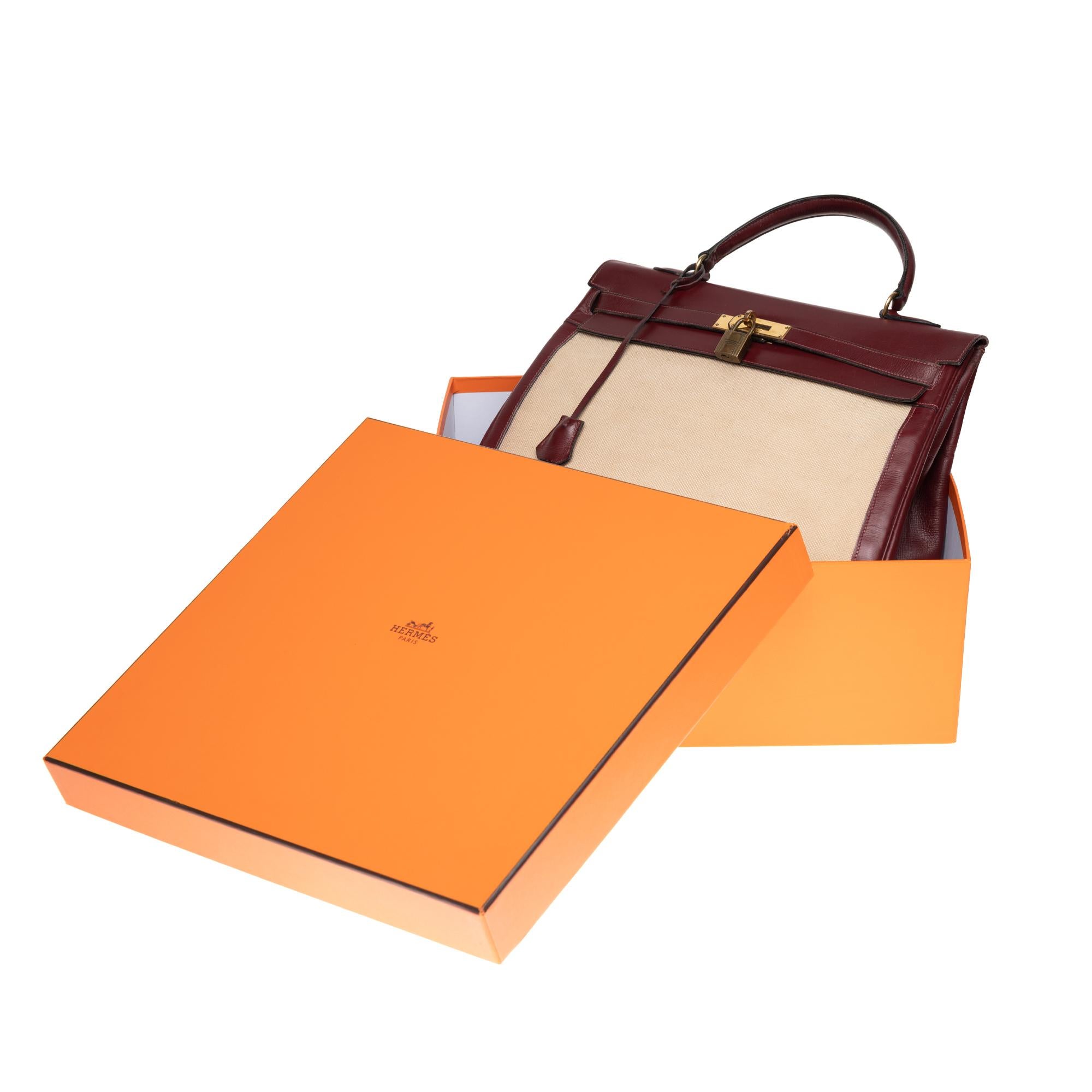 Hermès Kelly 35cm handbag bi-material in beige canvas and burgundy calf leather 3